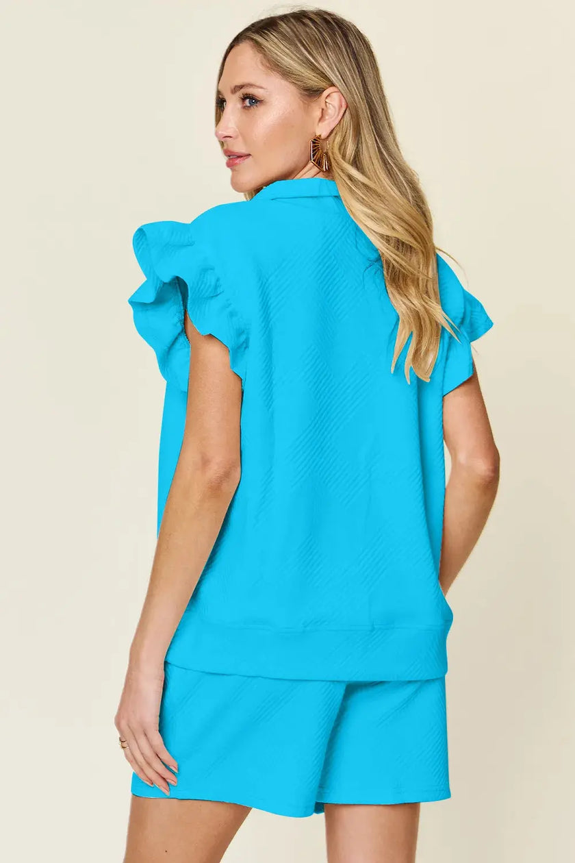 Double Take Texture Flounce Sleeve Top and Drawstring Shorts Set  Style Ratio