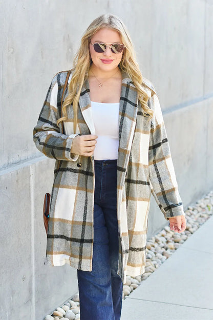 Double Take Plaid Button Up Lapel Collar Coat Trendsi