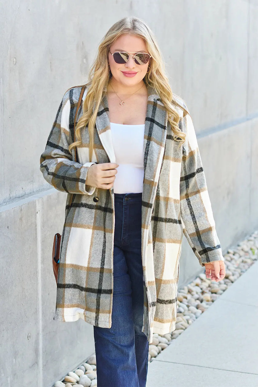 Double Take Plaid Button Up Lapel Collar Coat  Style Ratio