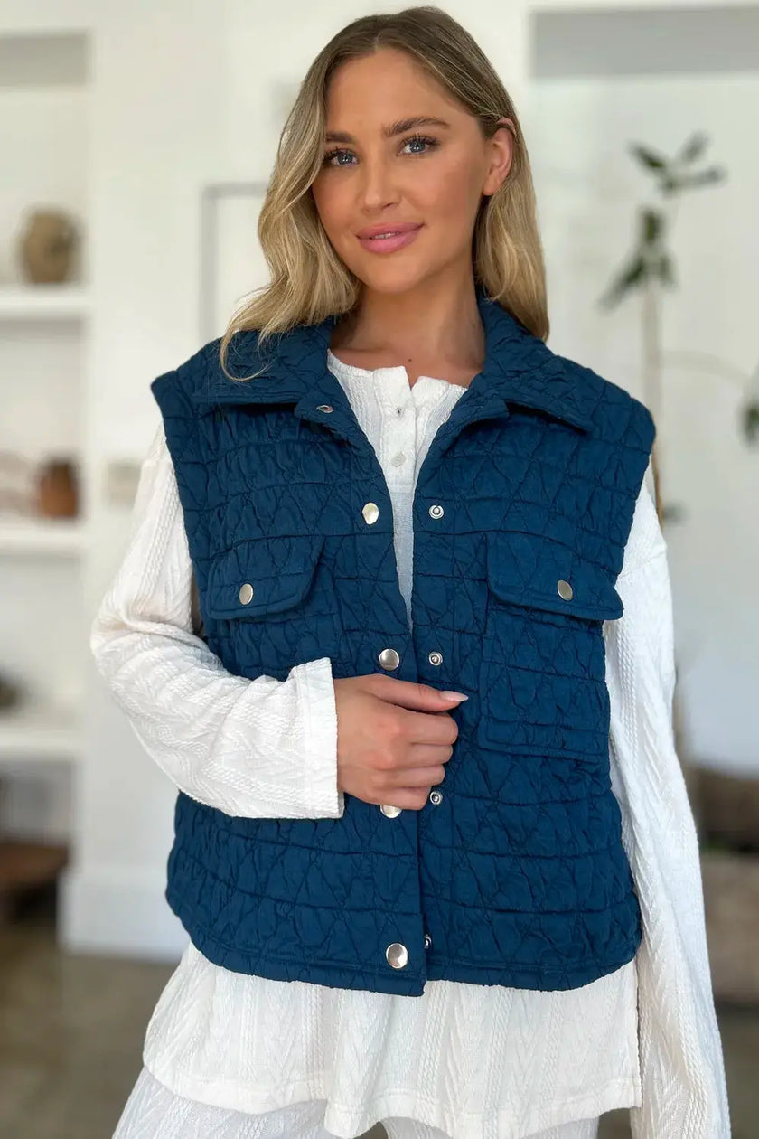 Double Take Full Size Pocketed Texture Snap Down Vest Coat  Style Ratio