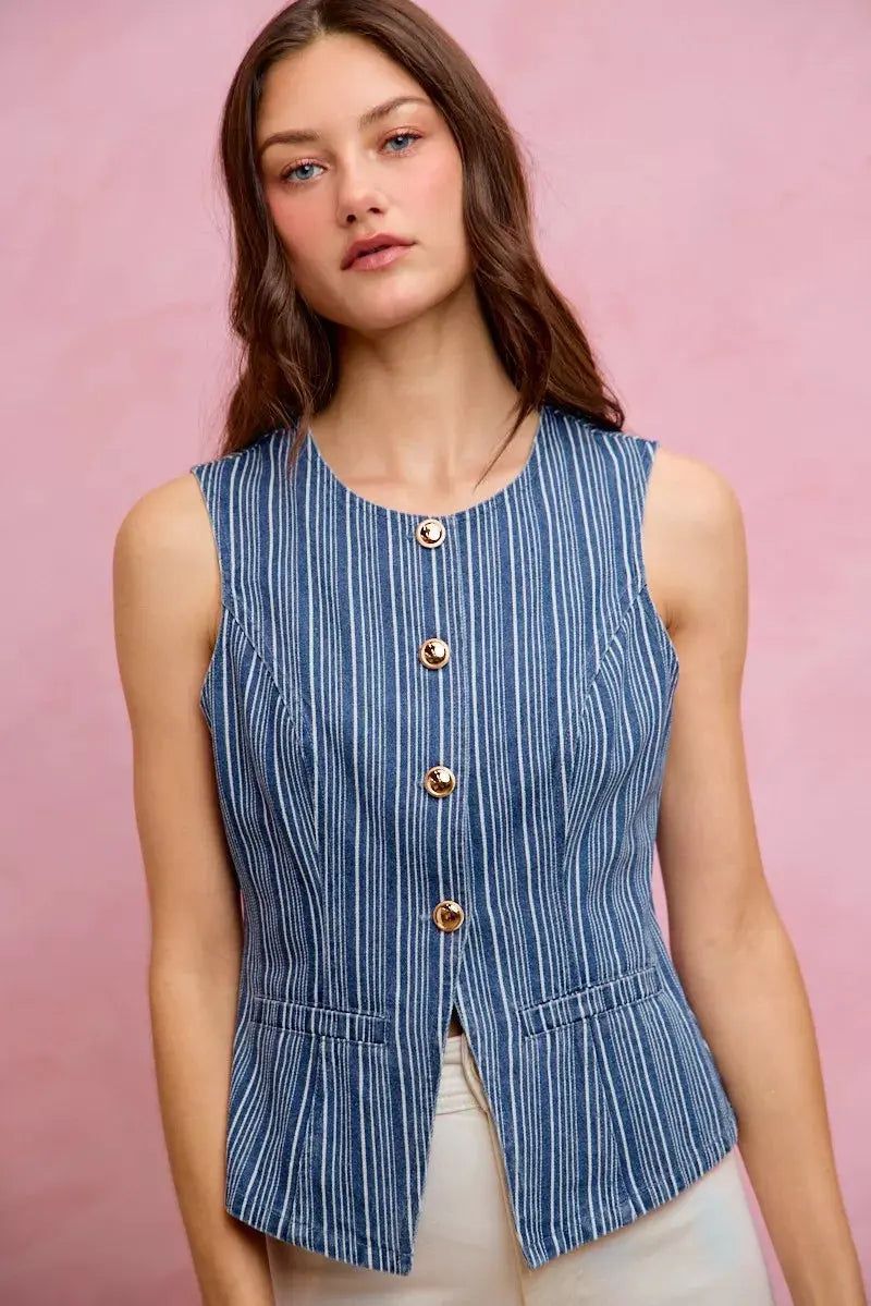 SO ME Stripe Slim Fit Button Front Denim Vest Top  Style Ratio