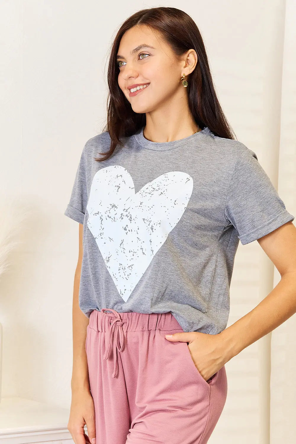 Simply Love Heart Graphic Cuffed Short Sleeve Shirt  Style Ratio