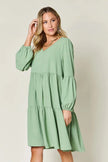Double Take Full Size V-Neck Balloon Sleeve Tiered Dress with Pockets  Style Ratio