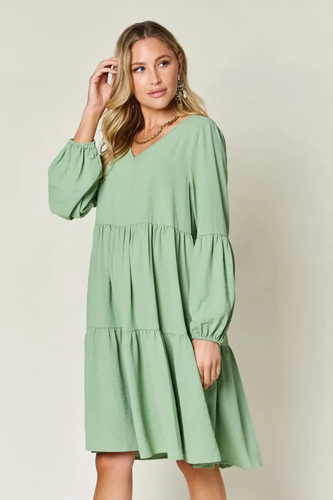 Double Take Full Size V-Neck Balloon Sleeve Tiered Dress with Pockets  Style Ratio