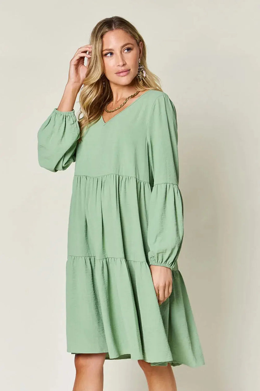 Double Take Full Size V-Neck Balloon Sleeve Tiered Dress with Pockets  Style Ratio