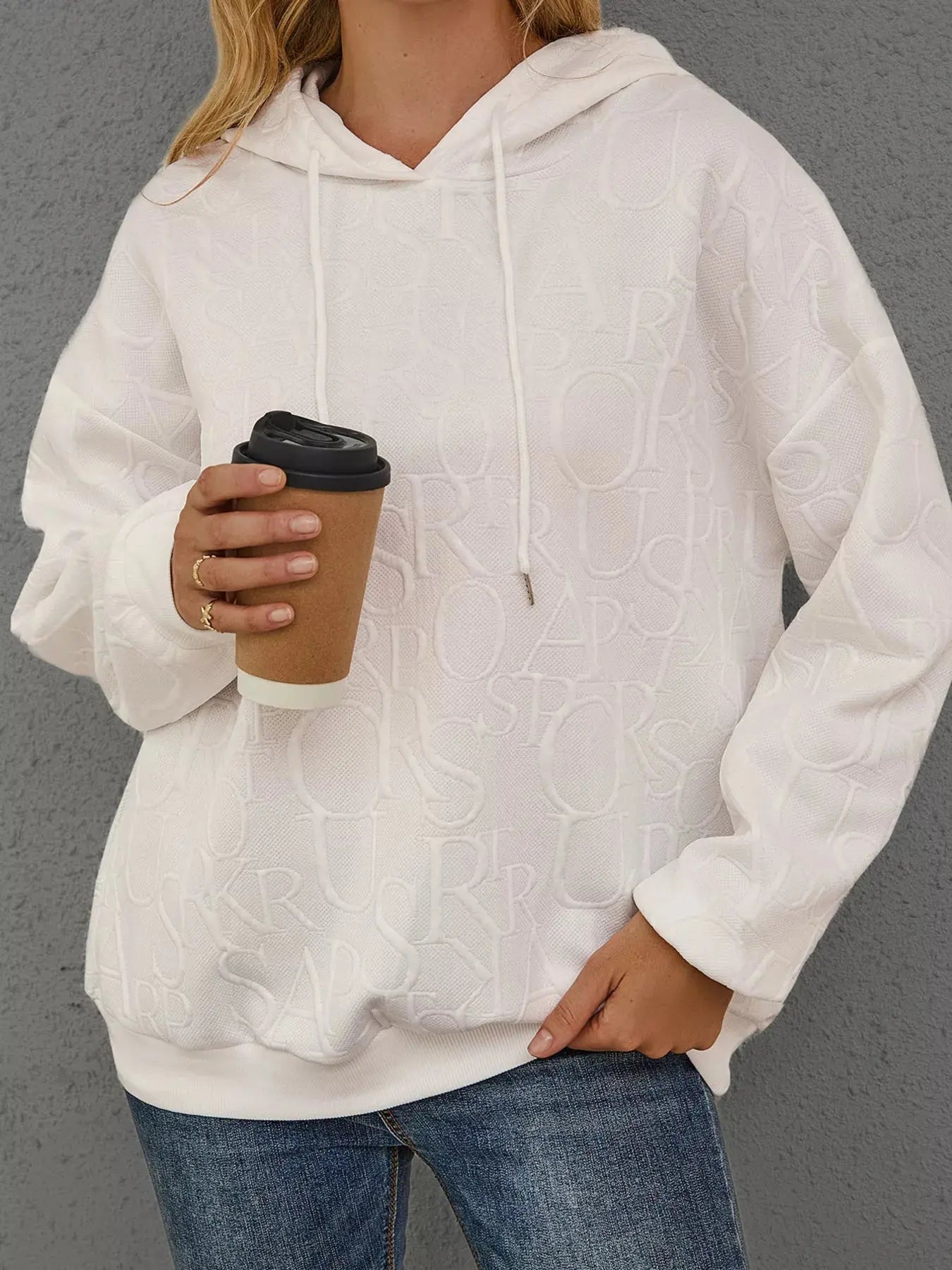 Full Size Embossed Lettering Casual Hoodie  Style Ratio