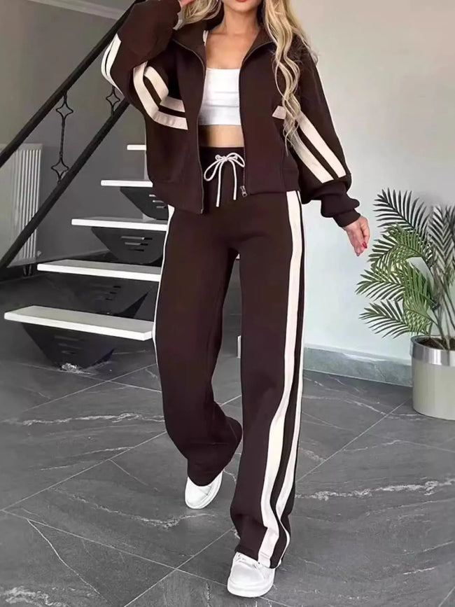 Full Size Contrast Stripe Zip Up Jacket and Pants Set  Style Ratio