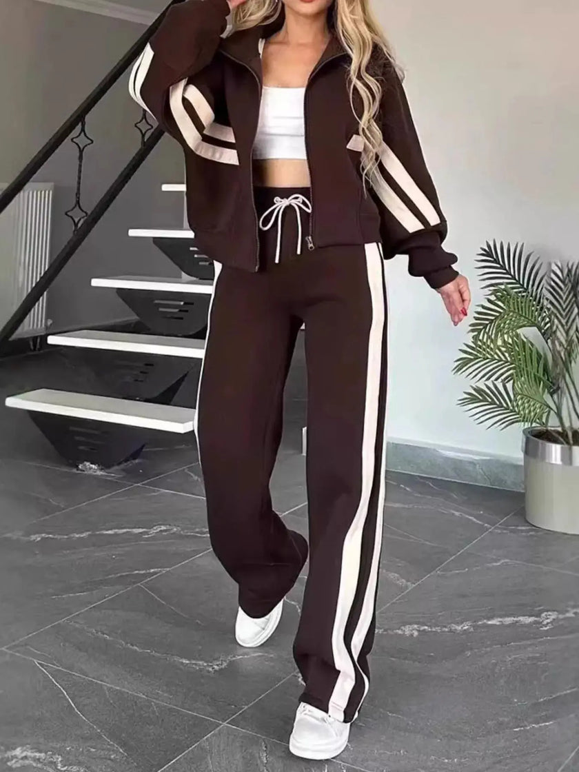 Full Size Contrast Stripe Zip Up Jacket and Pants Set  Style Ratio