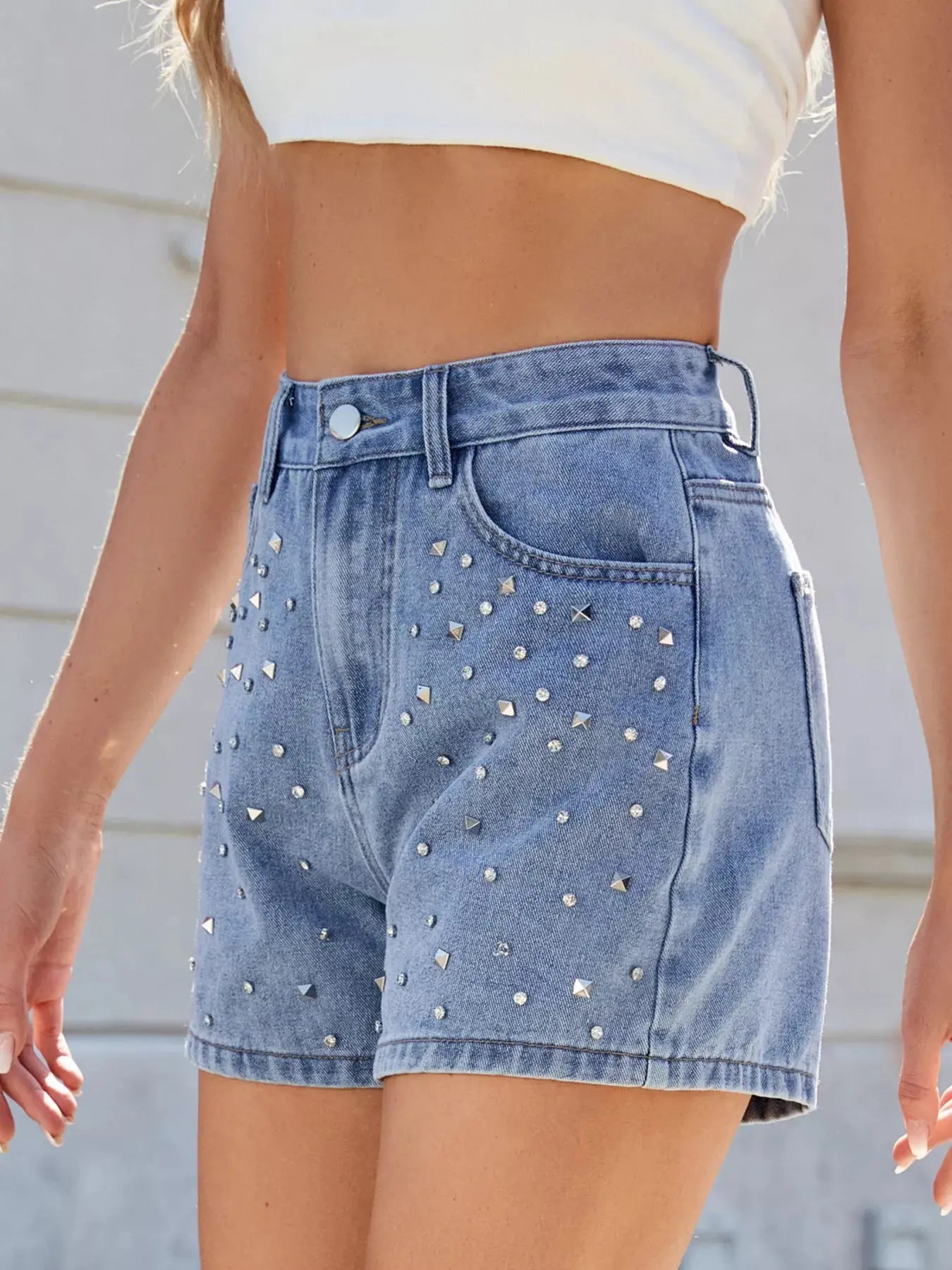 Studded High Waist Denim Shorts  Style Ratio