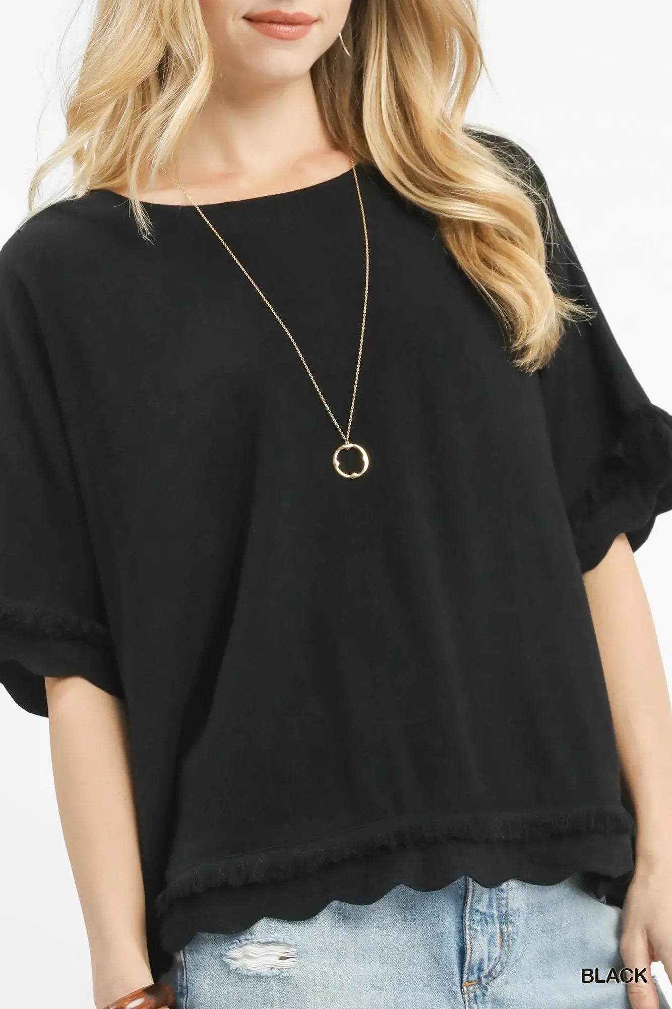 Umgee Linen Frayed Hem Scallop Edge Top  Style Ratio