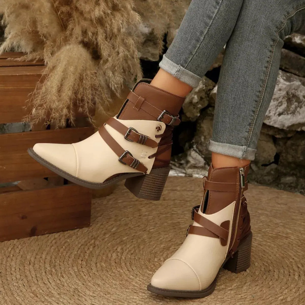 Point Toe Buckle Strap Ankle Boots with Block Heels  Style Ratio