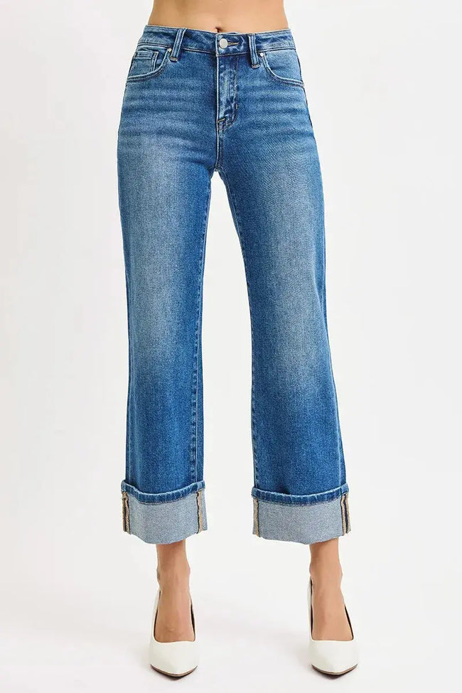 RISEN Full Size Mid Rise Crop Straight Cuffed Jeans  Style Ratio