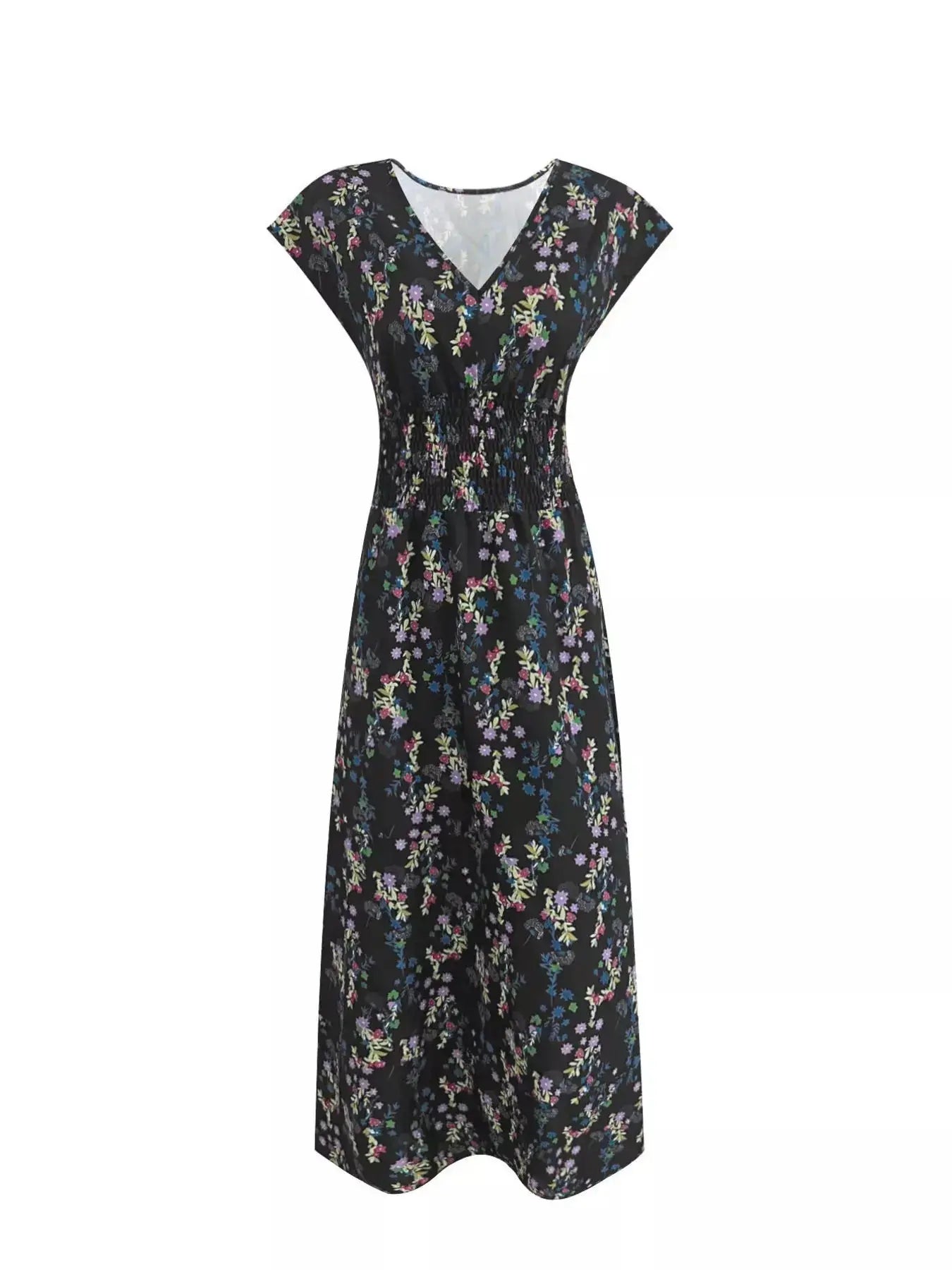 Printed V-Neck Cap Sleeve Maxi Dress  Style Ratio