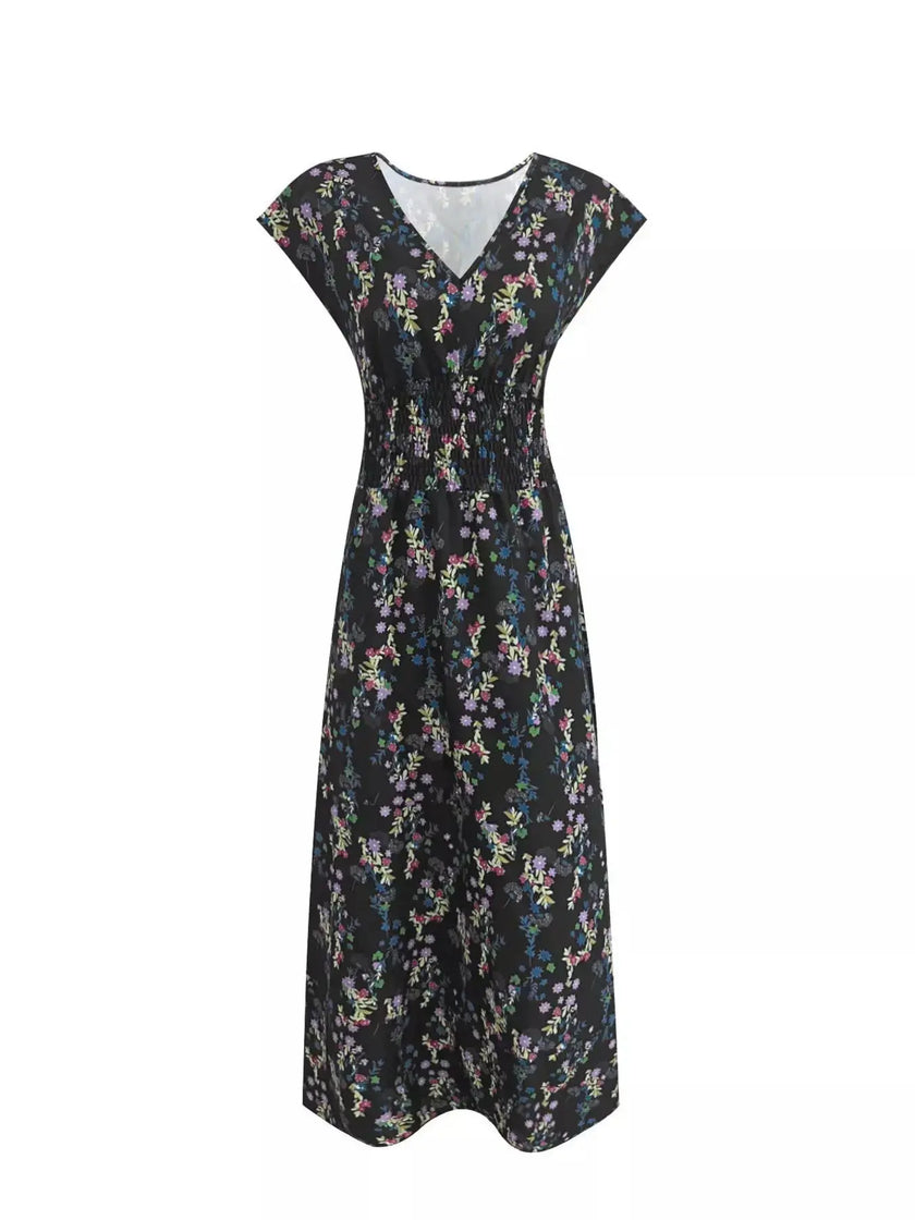 Printed V-Neck Cap Sleeve Maxi Dress  Style Ratio