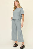 Double Take Texture Round Neck Short Sleeve Shirt and Wide Leg Pants  Style Ratio