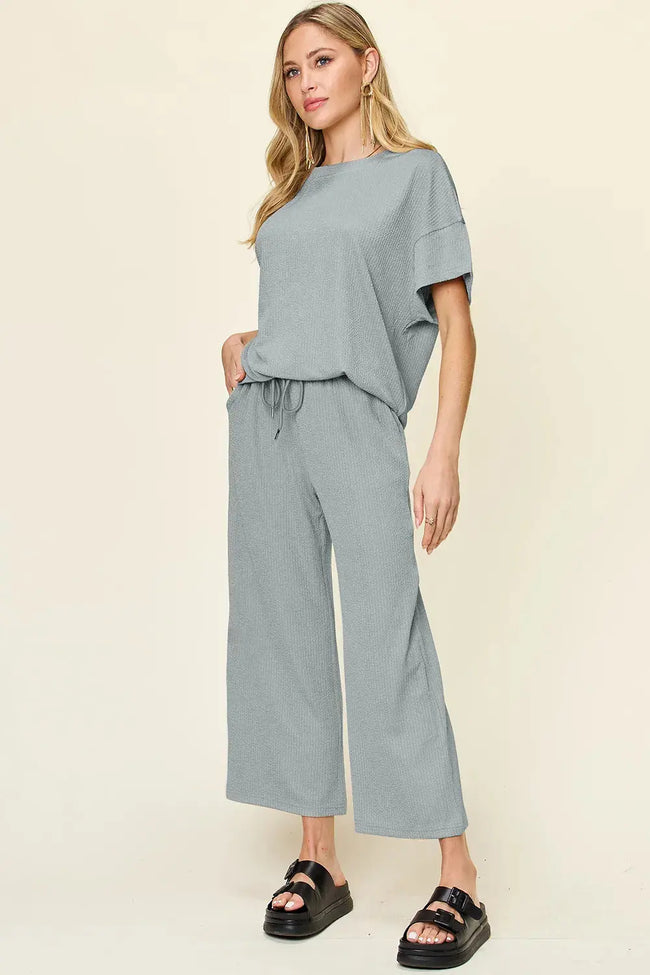 Double Take Texture Round Neck Short Sleeve Shirt and Wide Leg Pants  Style Ratio
