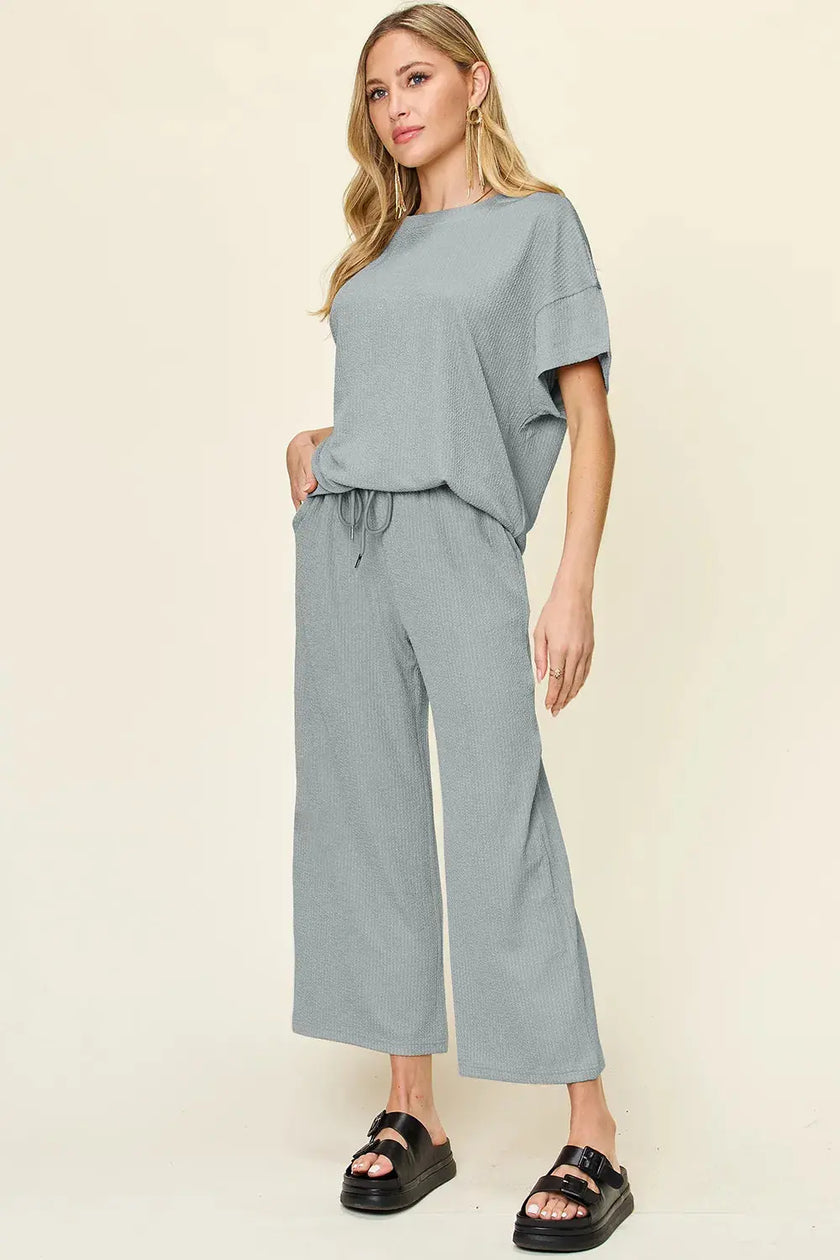 Double Take Texture Round Neck Short Sleeve Shirt and Wide Leg Pants  Style Ratio