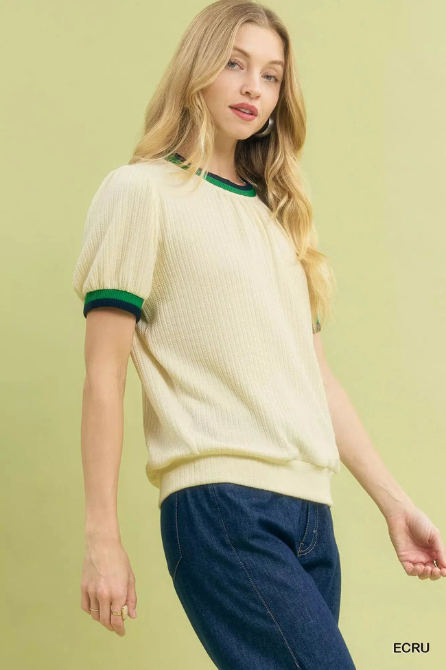 Umgee Puff Sleeve Knit Top with Contrast Rib Trim  Style Ratio