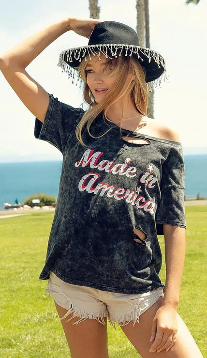 BiBi Laser Cut Mineral Washed America Print Short Sleeve Shirt  Style Ratio