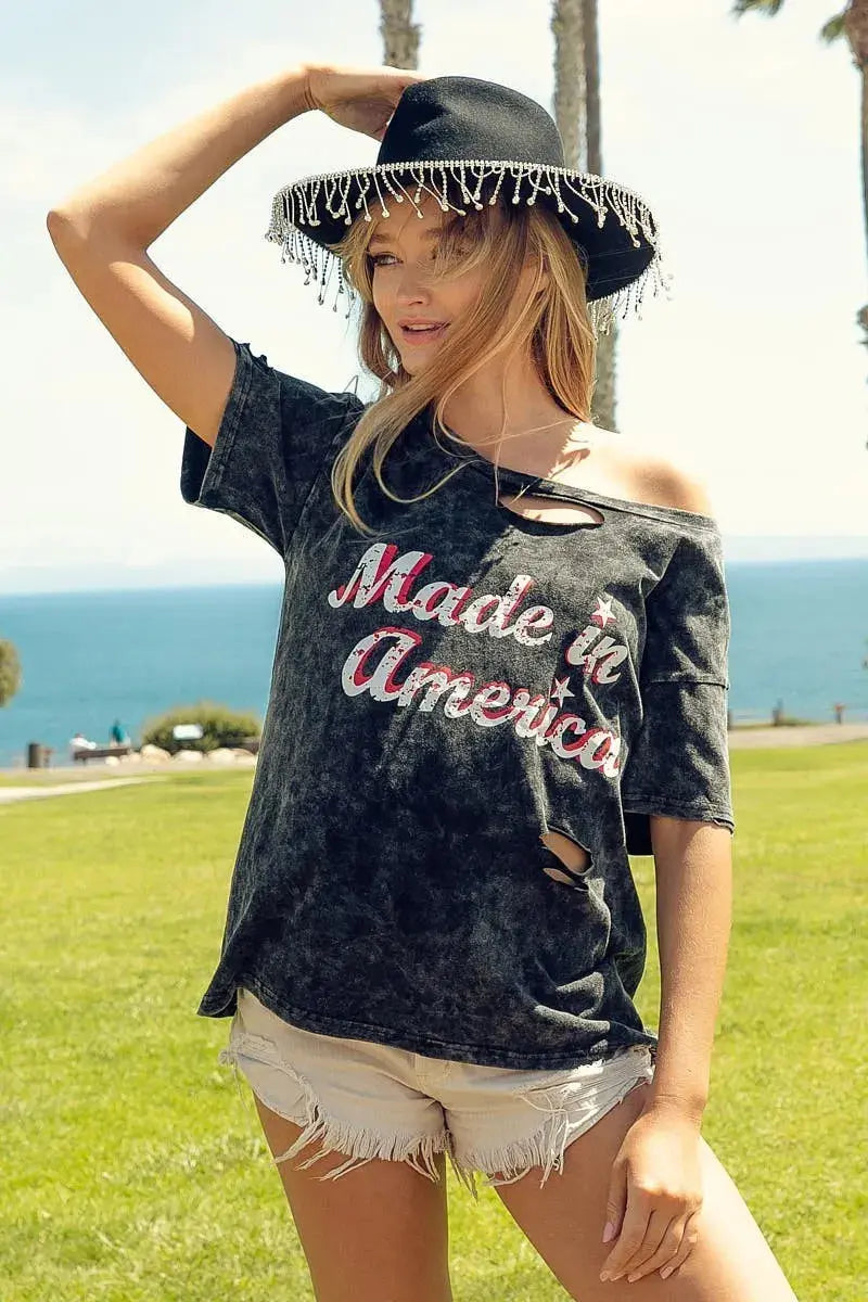 BiBi Laser Cut Mineral Washed America Print Short Sleeve Shirt  Style Ratio