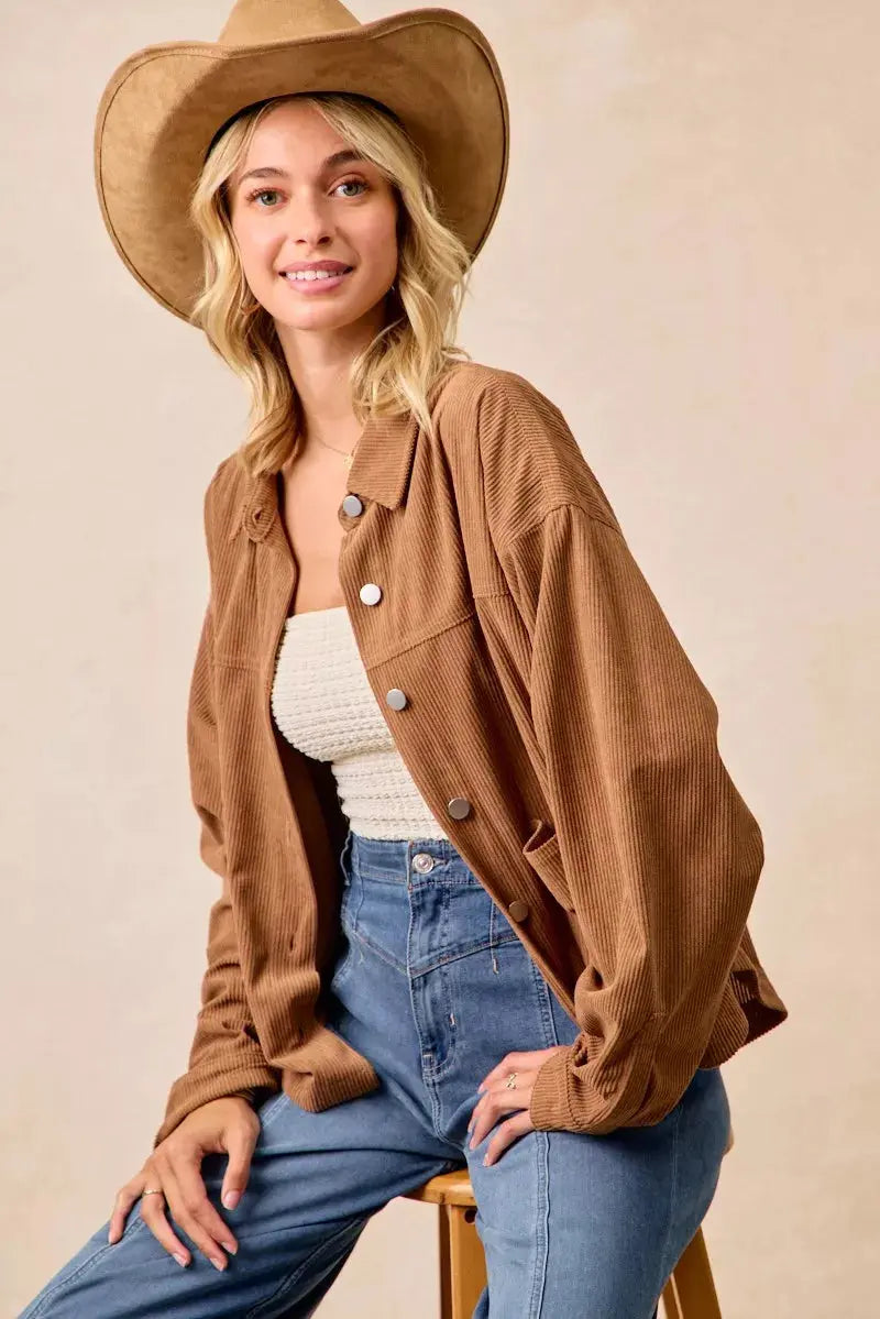 BiBi Corduroy Relaxed Fit Long Sleeve Shacket  Style Ratio