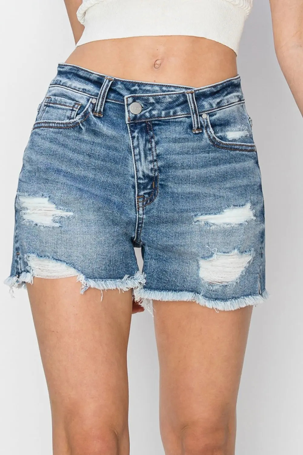 RISEN Stepped Waist Frayed Denim Shorts  Style Ratio