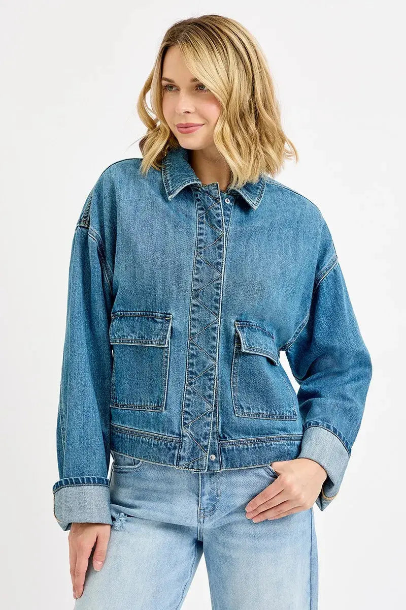 RISEN Oversized Cargo Pocket Denim Jacket with Cuffed Sleeves  Style Ratio