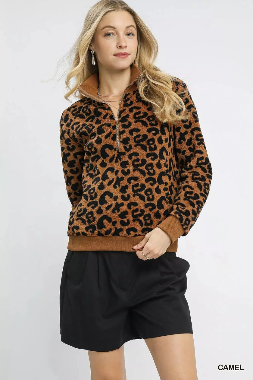 Umgee Leopard Print Quarter-Zip Sweatshirt  Style Ratio