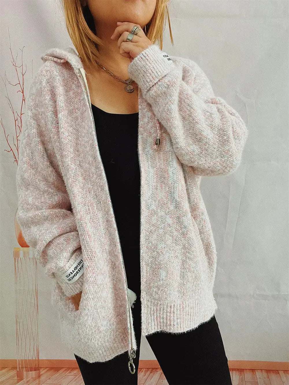 Zip Up Drawstring Long Sleeve Hooded Sweater  Style Ratio