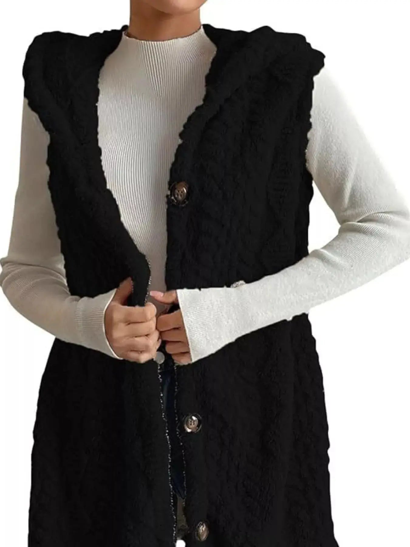 Button-Down Sherpa Hooded Vest Coat  Style Ratio