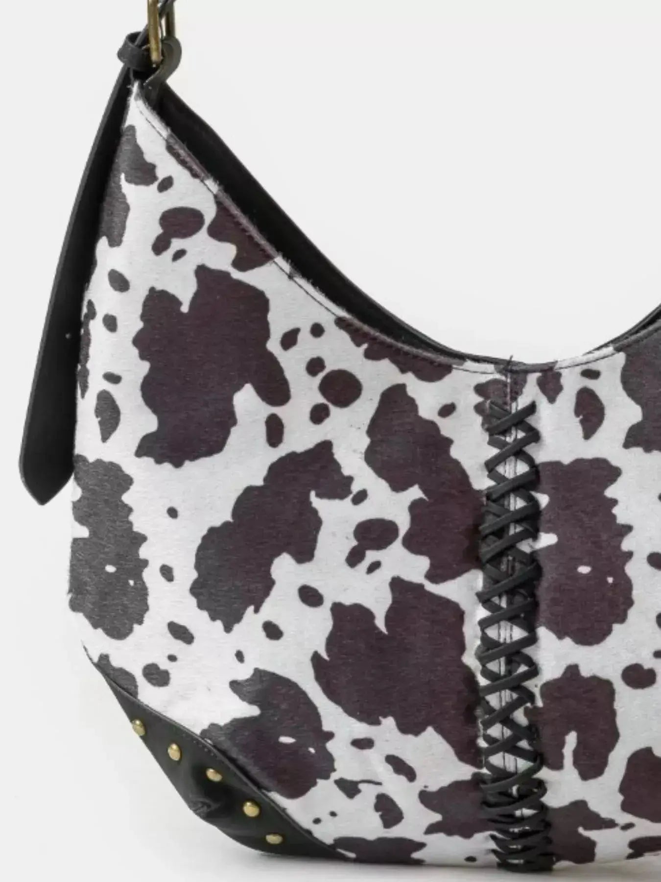 Fame Cow Print Hobo Shoulder Bag with Studded Details  Style Ratio