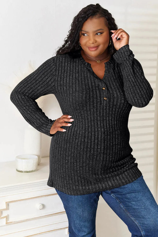 Double Take Notched Neck Ribbed Long Sleeve Shirt  Style Ratio