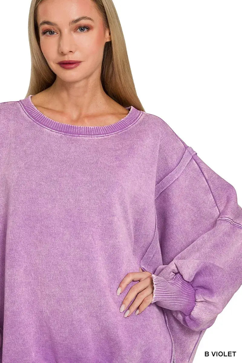 Zenana Acid Washed Batwing Sleeve Fleece Sweatshirt  Style Ratio