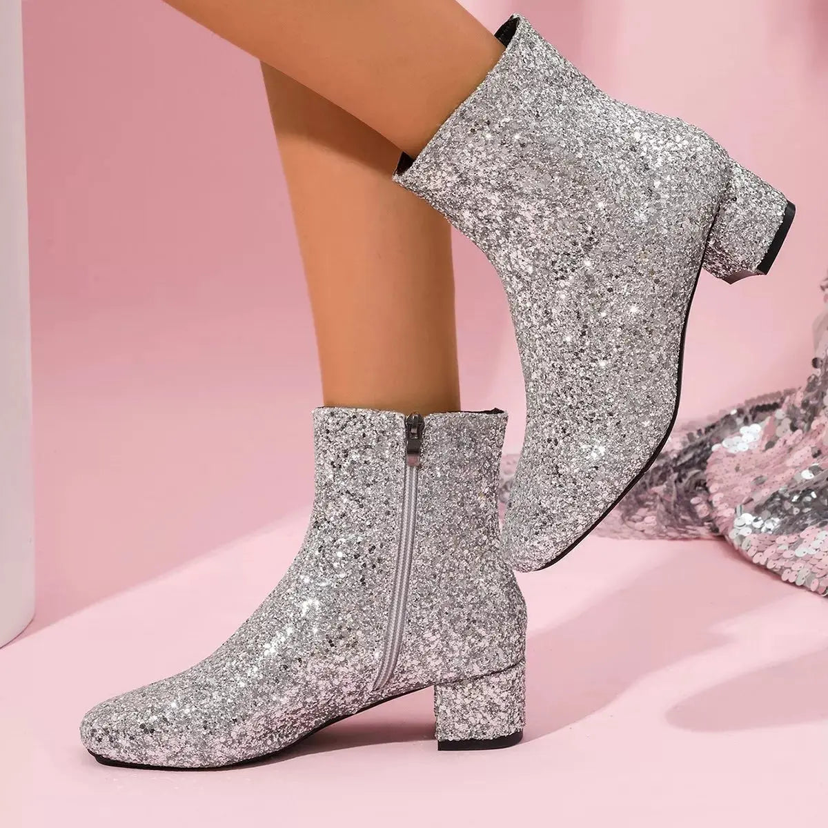 Sequin Round Toe Block Heels Boots  Style Ratio