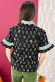 Contrast Frilled Trim Short Sleeve Floral Shirt  Style Ratio