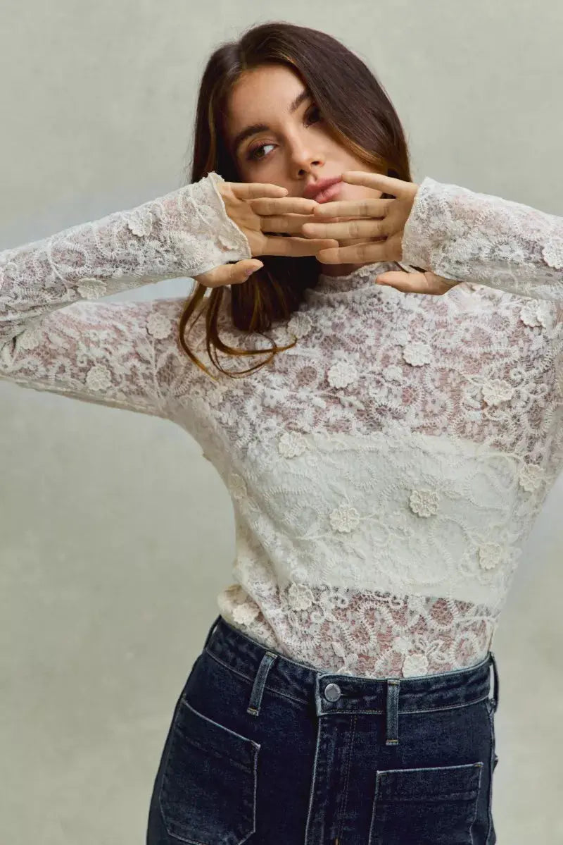 SO ME Lace 3d Effect Floral Layering Long Sleeve Top  Style Ratio