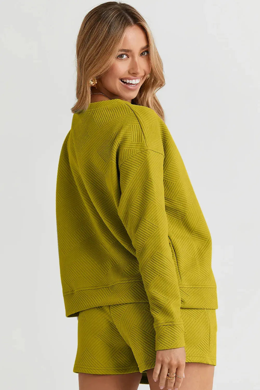 Double Take Full Size Texture Long Sleeve Top and Drawstring Shorts Set  Style Ratio