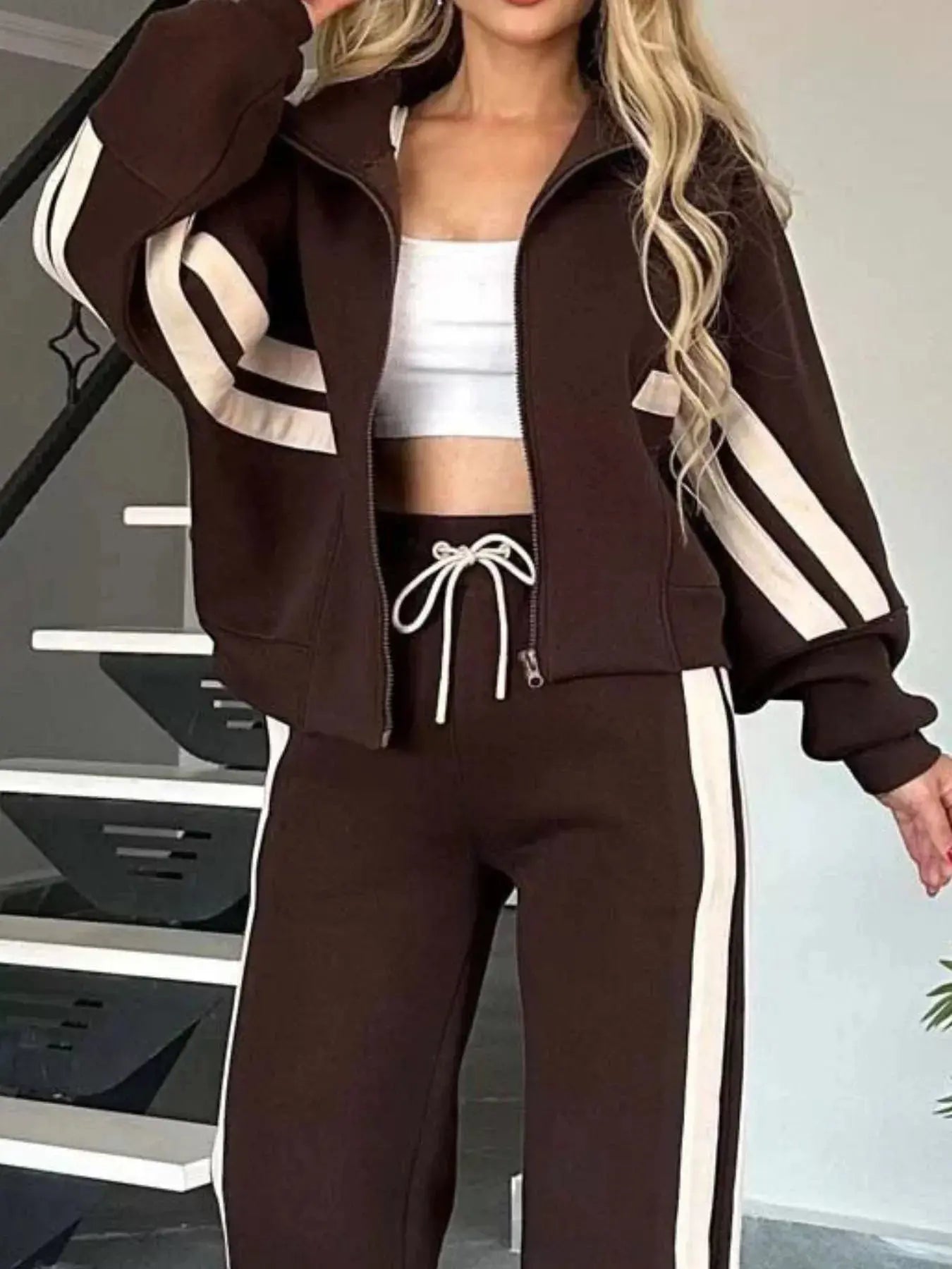 Full Size Contrast Stripe Zip Up Jacket and Pants Set  Style Ratio