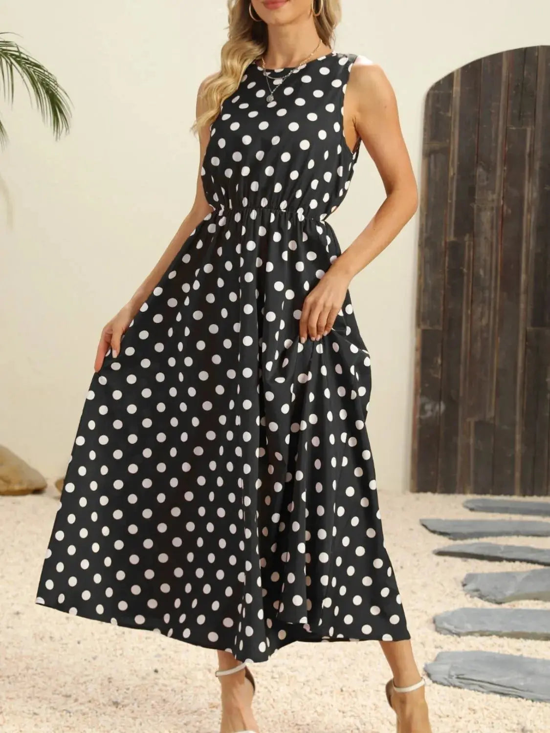 Polka Dot Round Neck Sleeveless Midi Dress  Style Ratio