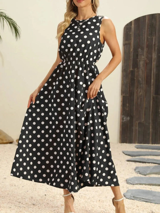 Polka Dot Round Neck Sleeveless Midi Dress  Style Ratio