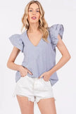 Ces Femme Striped V-Neck Ruffled Cap Sleeve Blouse  Style Ratio