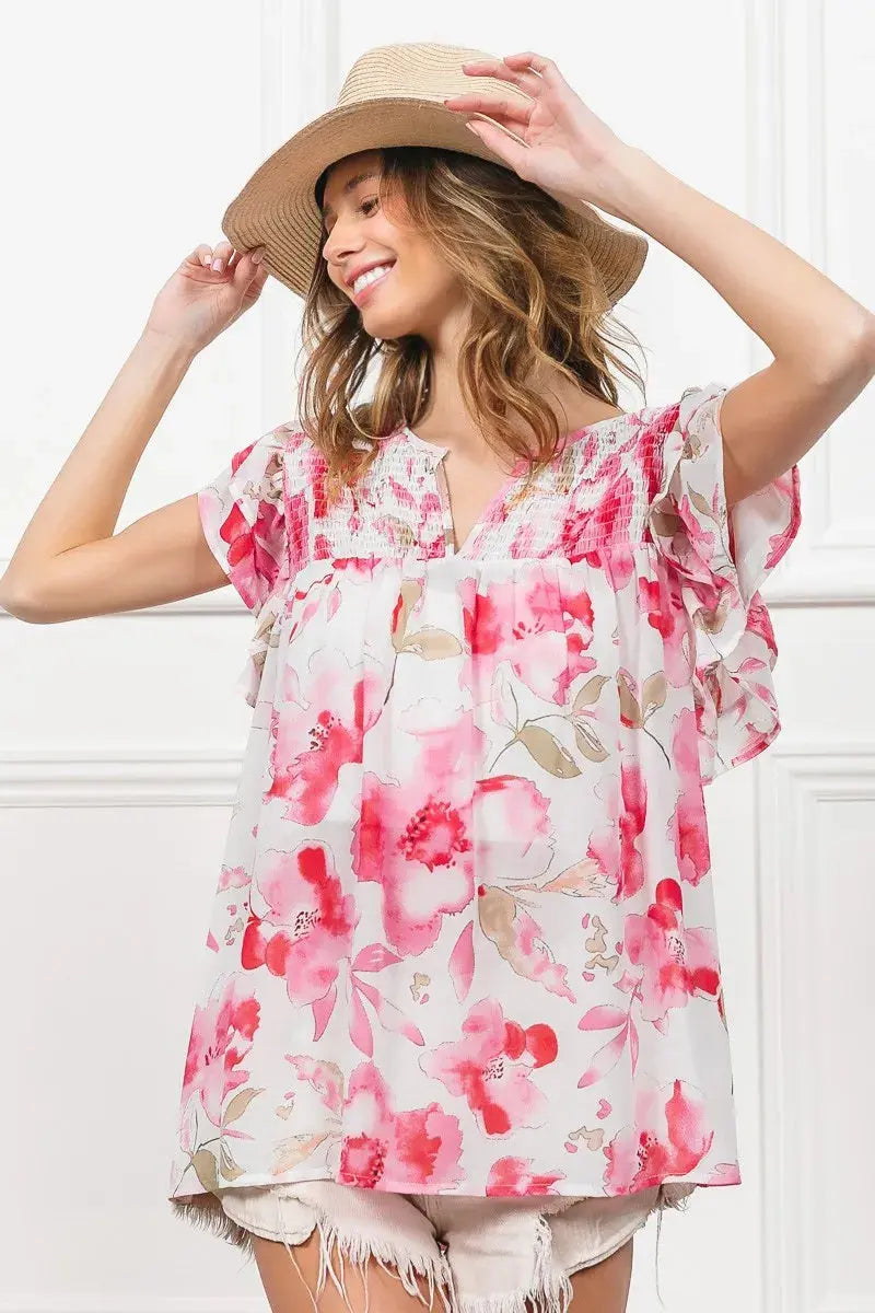 BiBi Floral Print Flutter Sheer Blouse  Style Ratio