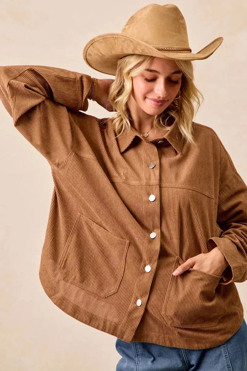 BiBi Corduroy Relaxed Fit Long Sleeve Shacket  Style Ratio