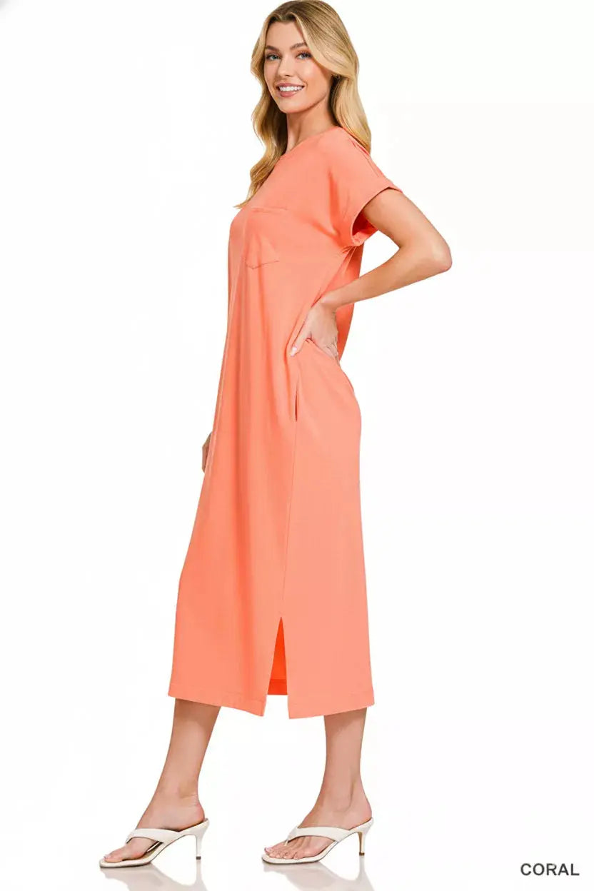 Zenana Round Neck Short Sleeve Midi Dress  Style Ratio