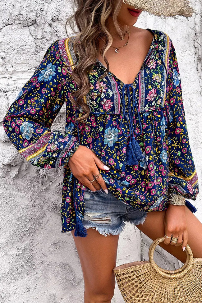 Floral Print Tie Neck Blouse  Style Ratio
