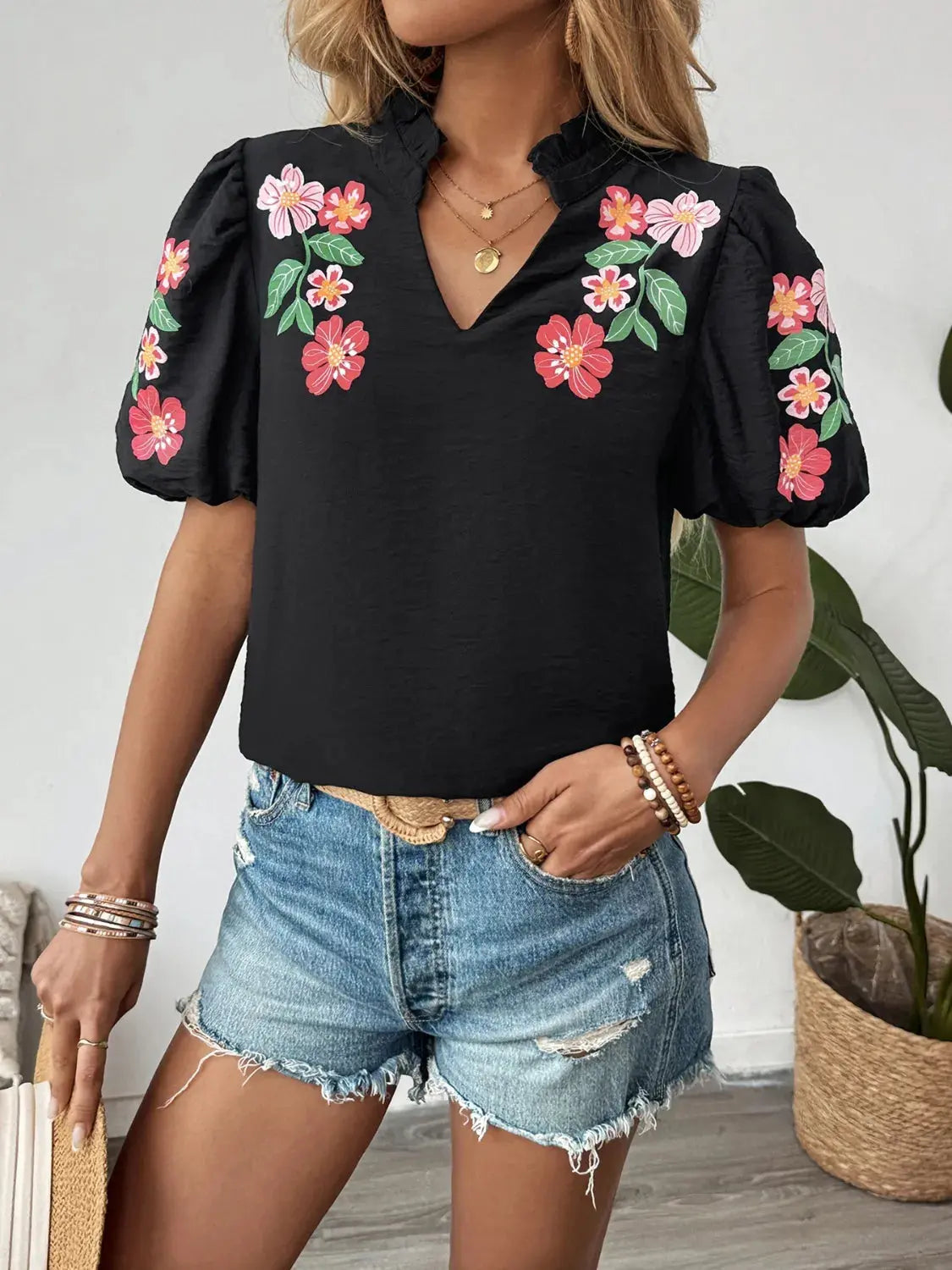 Floral Puff Sleeve Notched Blouse  Style Ratio