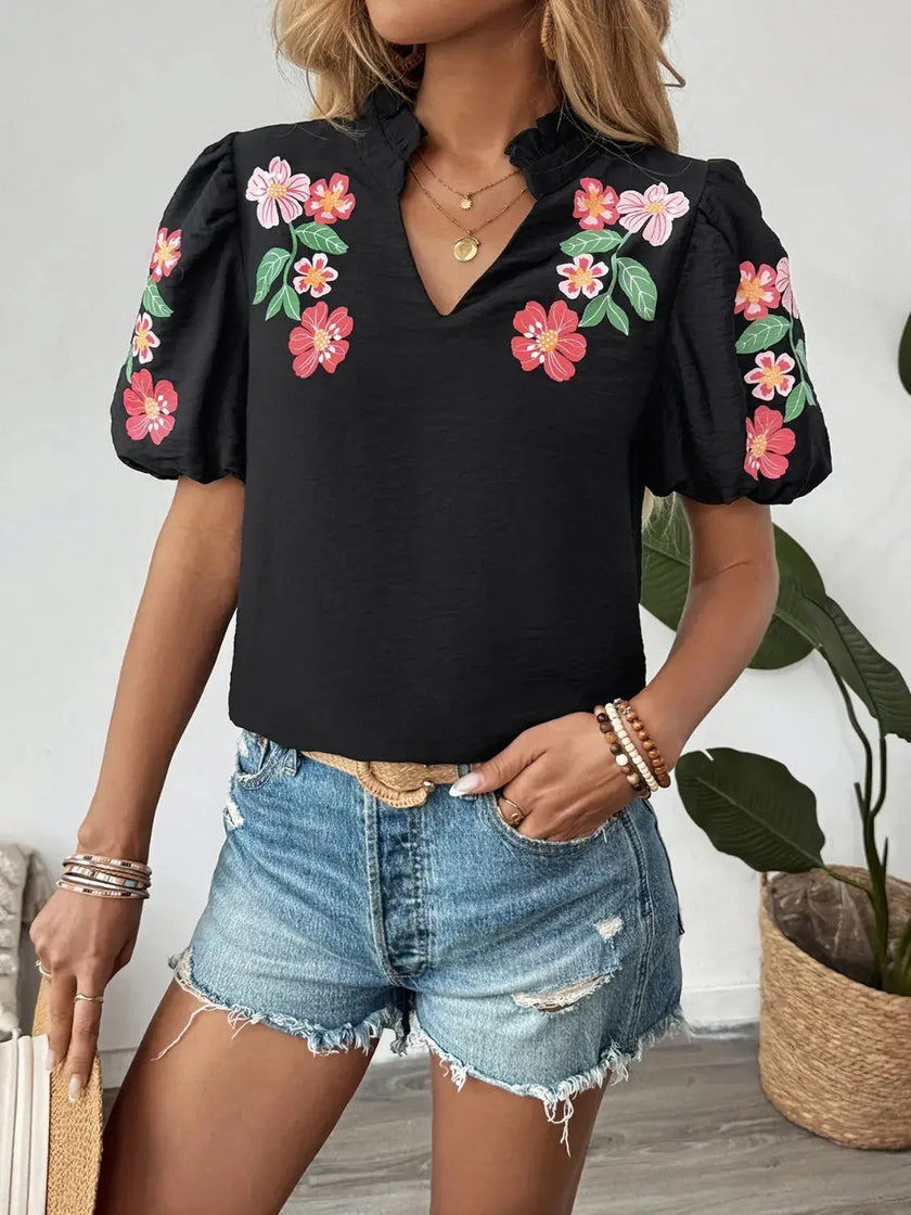 Floral Puff Sleeve Notched Blouse  Style Ratio