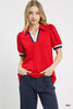 Umgee Puff Sleeve Zip Front Top with Contrast Striped Trim  Style Ratio