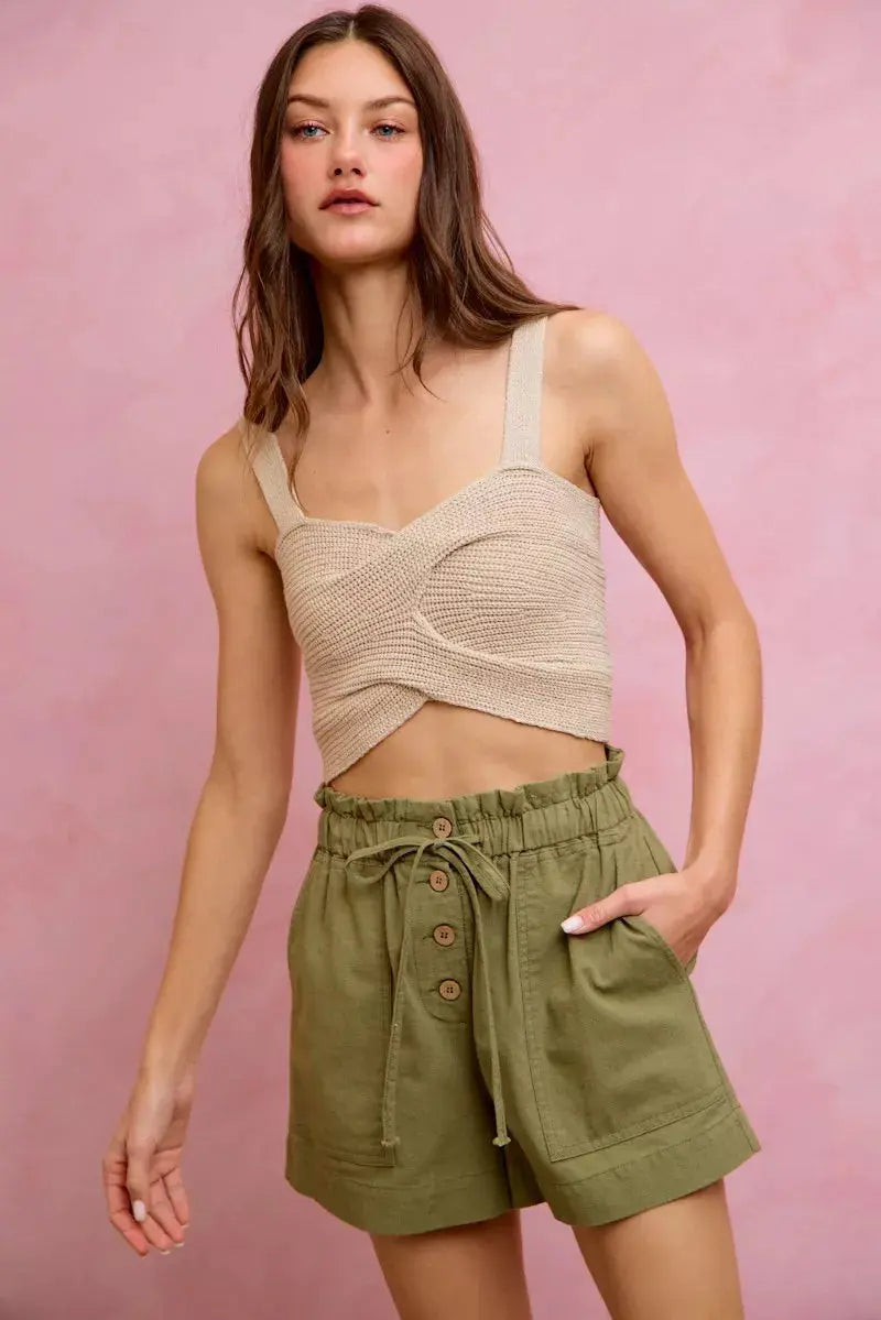 SO ME Paper Bag Patch Pocket Drawstring Twill Shorts  Style Ratio