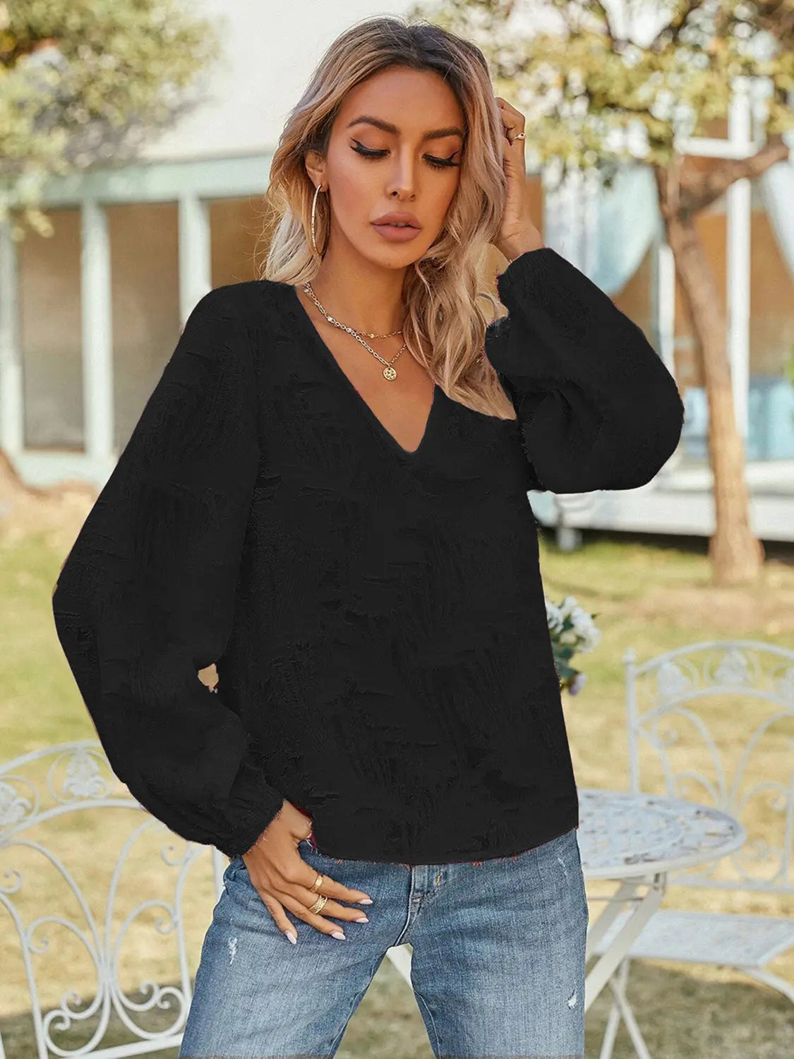 V-Neck Long Sleeve Blouse  Style Ratio